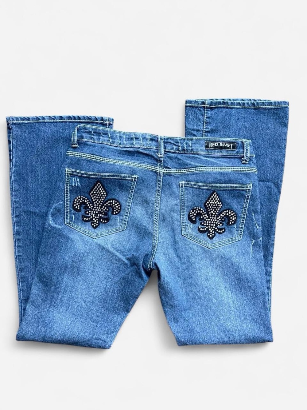 Red Rivet Medium Wash Flared Bootcut Y2k Distressed Low-Rise Jeans Sz 15